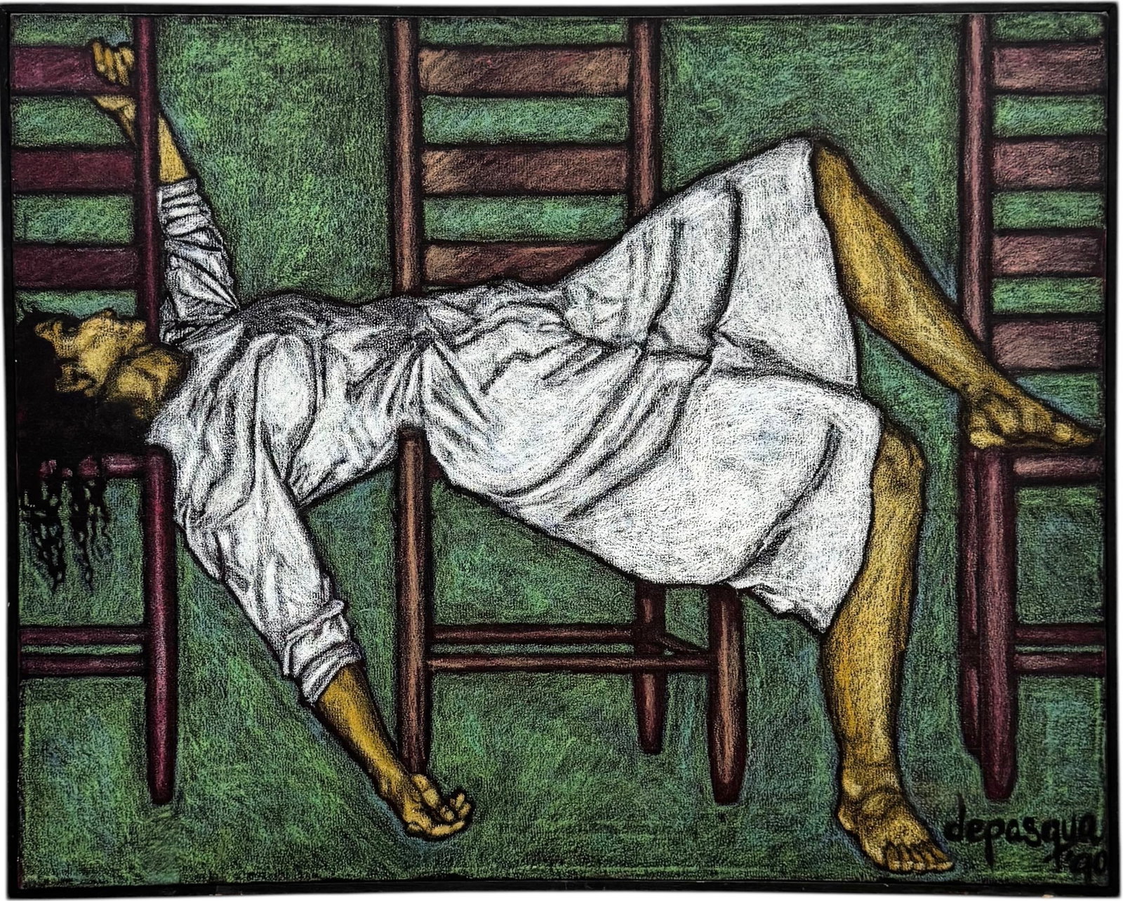 American Modernist Scene Of A Woman Lying On Chairs Signed Painting: Appears to be oil pastel or mixed media on canvas 30 x 24 in. Domestic Flat Shipping Price: $80