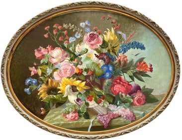 Large Continental School Floral Still Life Oil On Canvas In Oval Frame