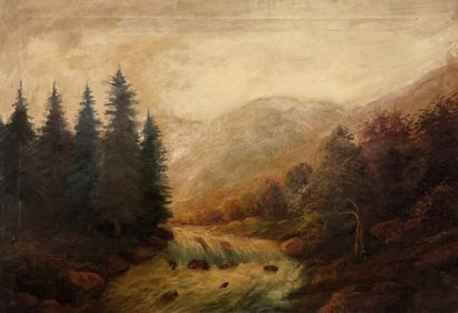 19th or Early 20th c American School Rushing River Mountain Landscape Signed Painting