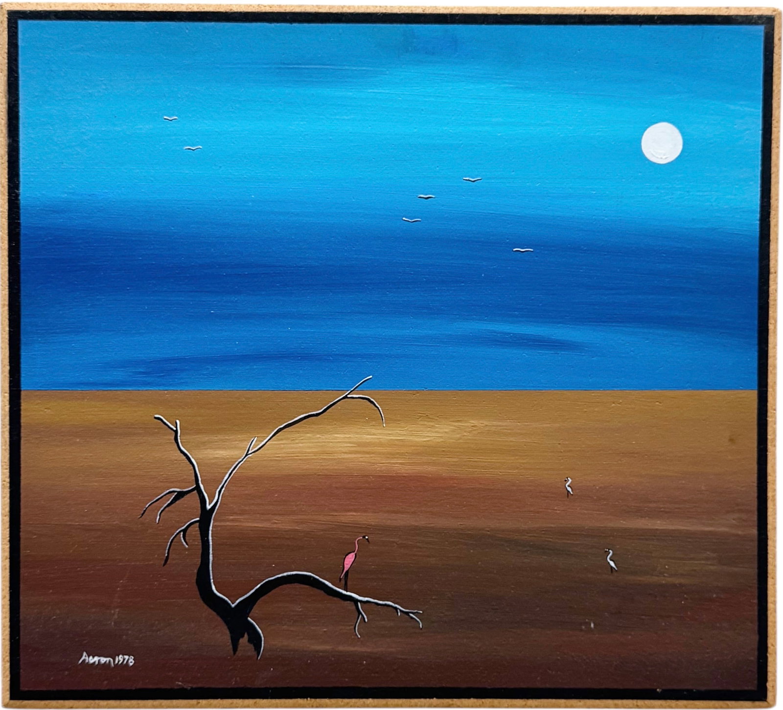 AARON R GRAY (20th c, American) 1970's Modernist Desert Landscape With Birds: Oil on board 16 x 14 1/2 in. Domestic Flat Shipping Price: $55