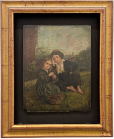 19th Century Victorian Era Children In Landscape Signed Oil On Wood panel