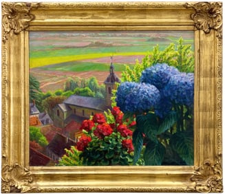French School Impressionist Village Landscape With Flowers Signed Oil Painting