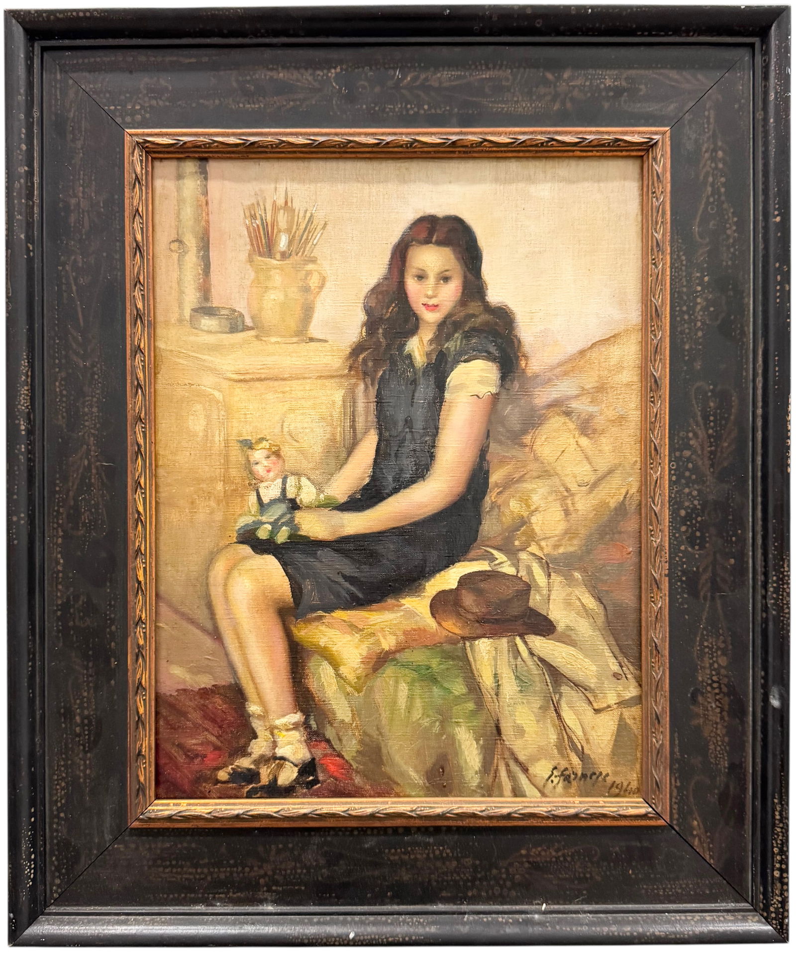 Vintage 1940's Portrait Of A Young Girl In Artist's Studio Signed Oil Painting (1 of 3)