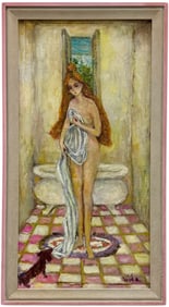 Nicely Framed Modernist Bathroom Nude With Dog Signed Painting