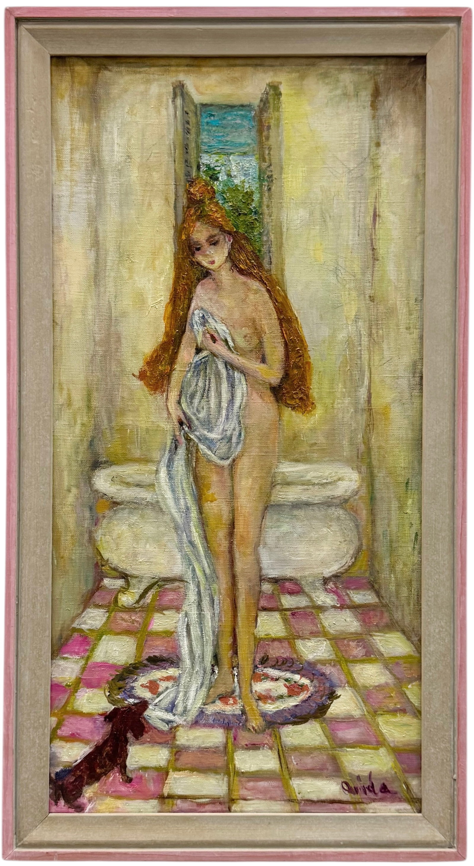Nicely Framed Modernist Bathroom Nude With Dog Signed Painting: Oil on canvas 24 1/4 x 12 1/4 in, 26 1/4 x 14 1/4 in (framed). Domestic Flat Shipping Price: $60