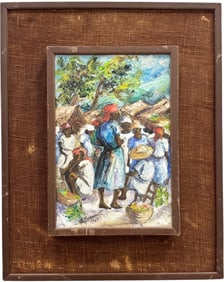 Vintage 1960's Haitian School Impressionist Village Scene Signed Oil Painting