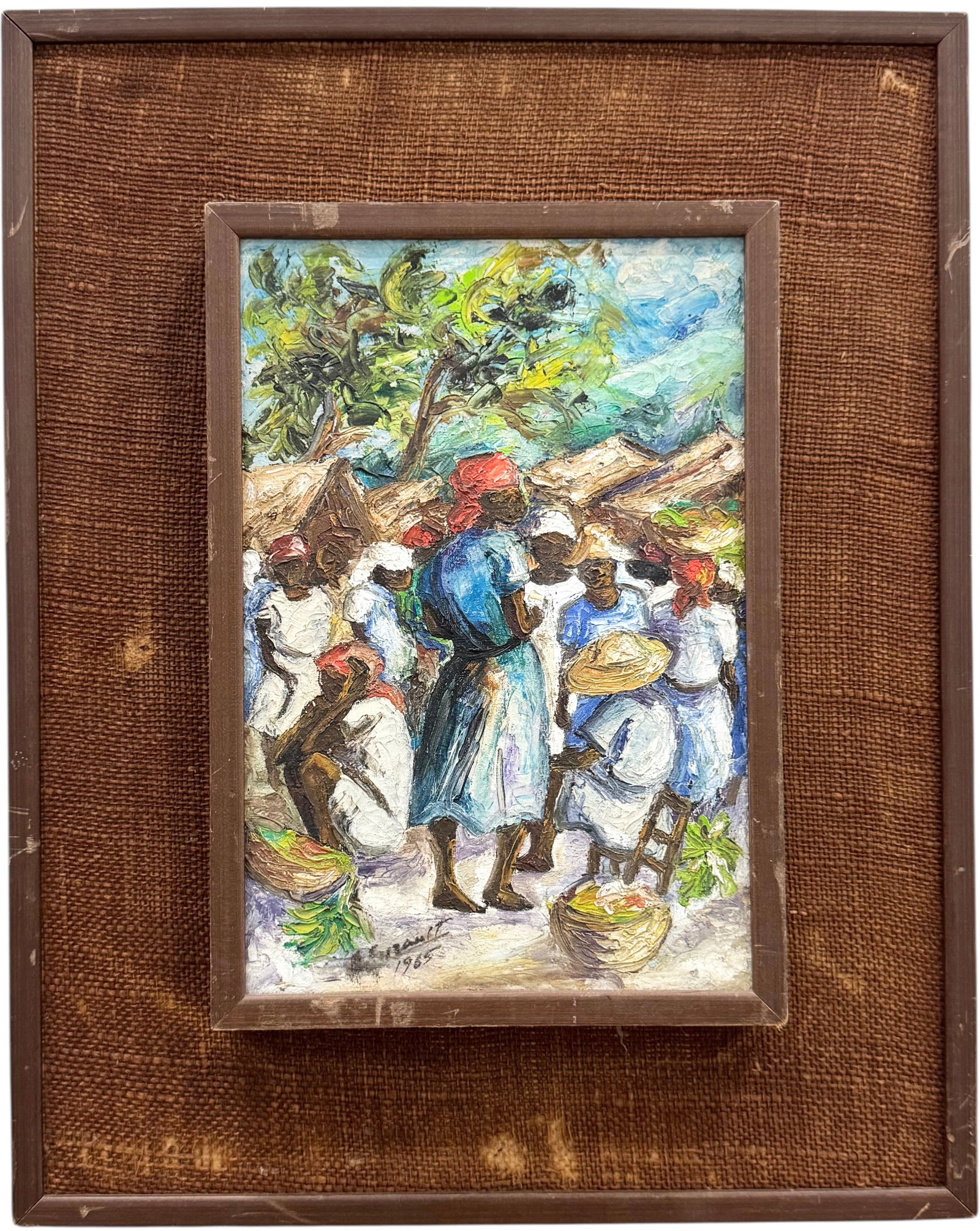 Vintage 1960's Haitian School Impressionist Village Scene Signed Oil Painting (1 of 3)