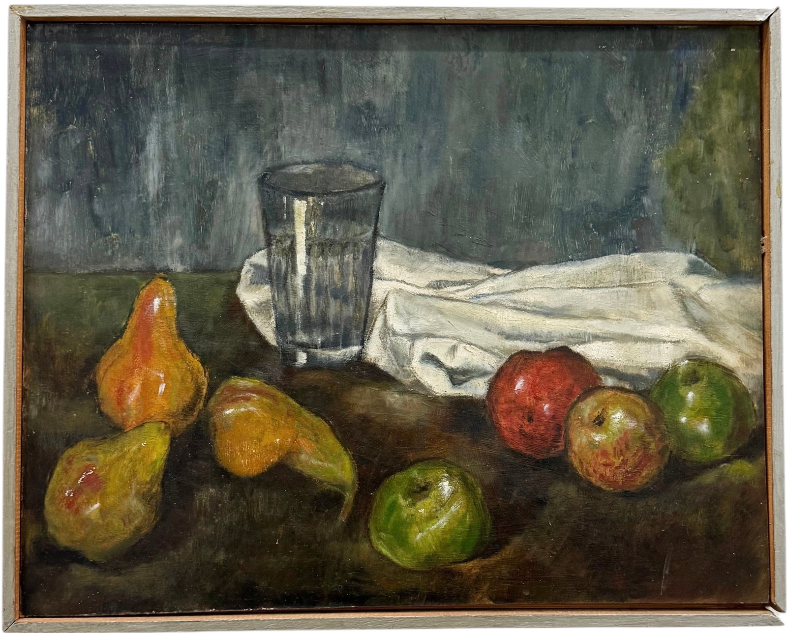 Fruit & Water American Cubist Still Life Signed Oil Painting: Artist unknown. Oil on board 20 x 16 in. Domestic Flat Shipping Price: $55
