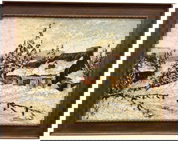 Early 20th c French School Snowy Winter Impressionist Landscape Signed Oil Painting