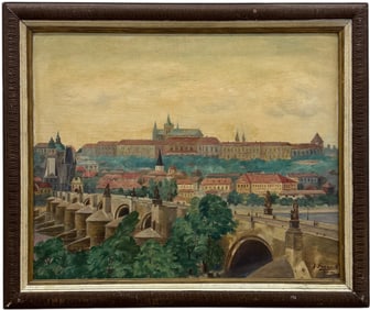 Early 20th Century Cityscape Of Prague, Czech Republic Charles Bridge Signed Painting