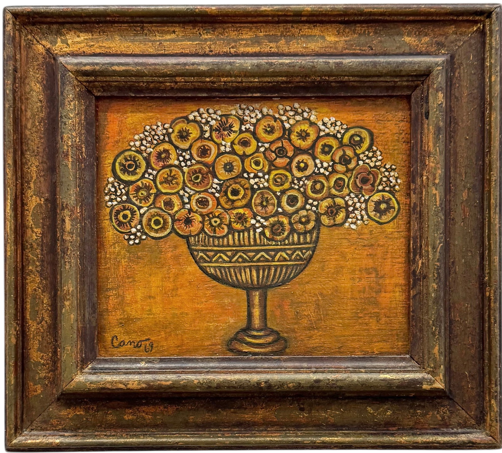 1960's Latin American Still Life Of Flowers Signed Cano, Possibly Dominican: Oil on board 9 x 7 1/2 in, 13 x 11 1/2 in (framed). Domestic Flat Shipping Price: $45