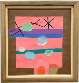 Vintage Abstract With Shapes Signed With Monogram Oil On Paper