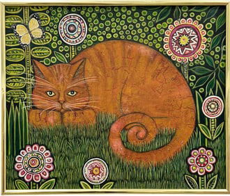 Vintage Naive Painting Of A Cat In Landscape Oil On Board