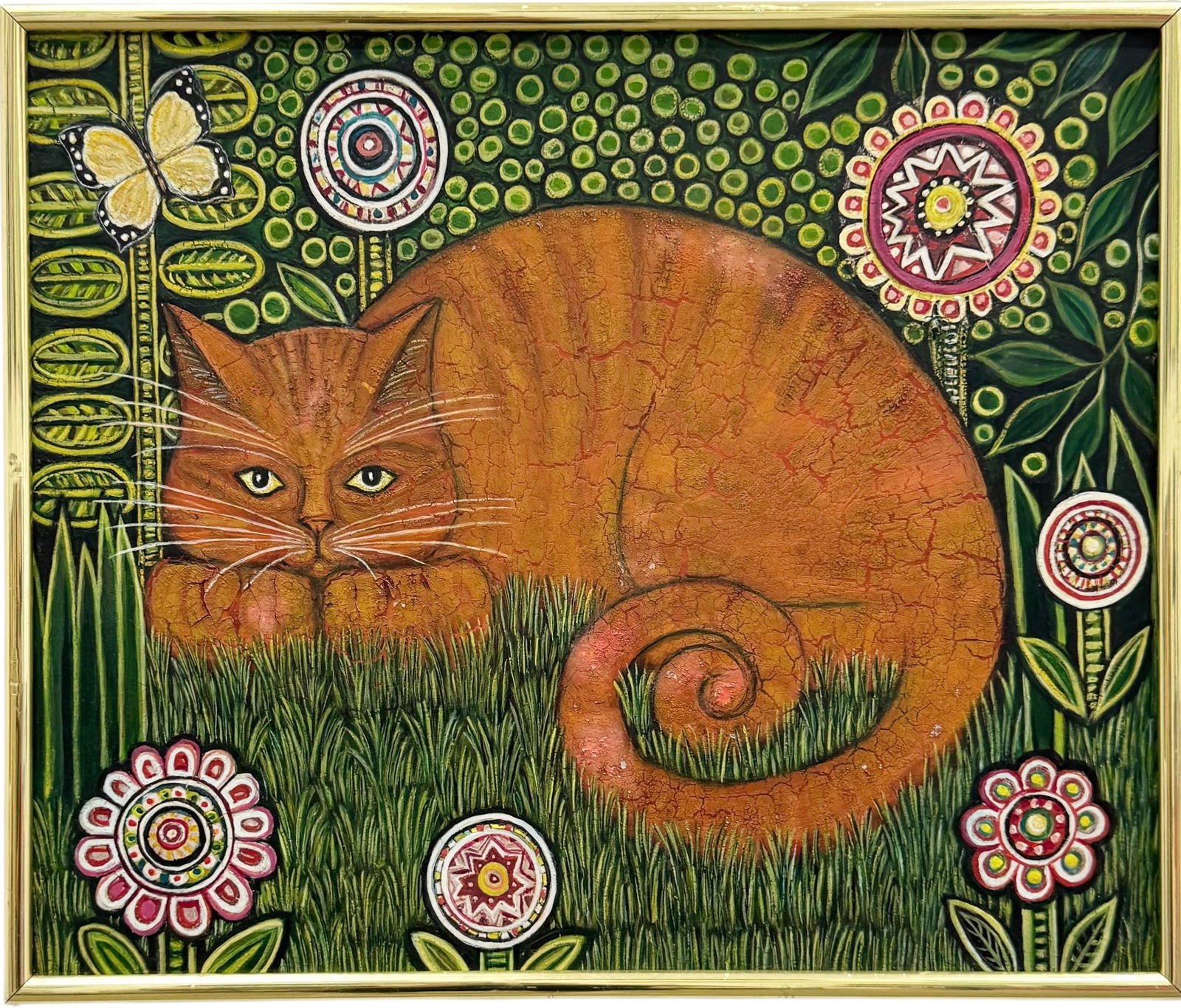 Vintage Naive Painting Of A Cat In Landscape Oil On Board (1 of 3)