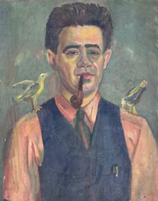 Circa 1940's American School Portrait Of A Man Smoking A Pipe With Birds