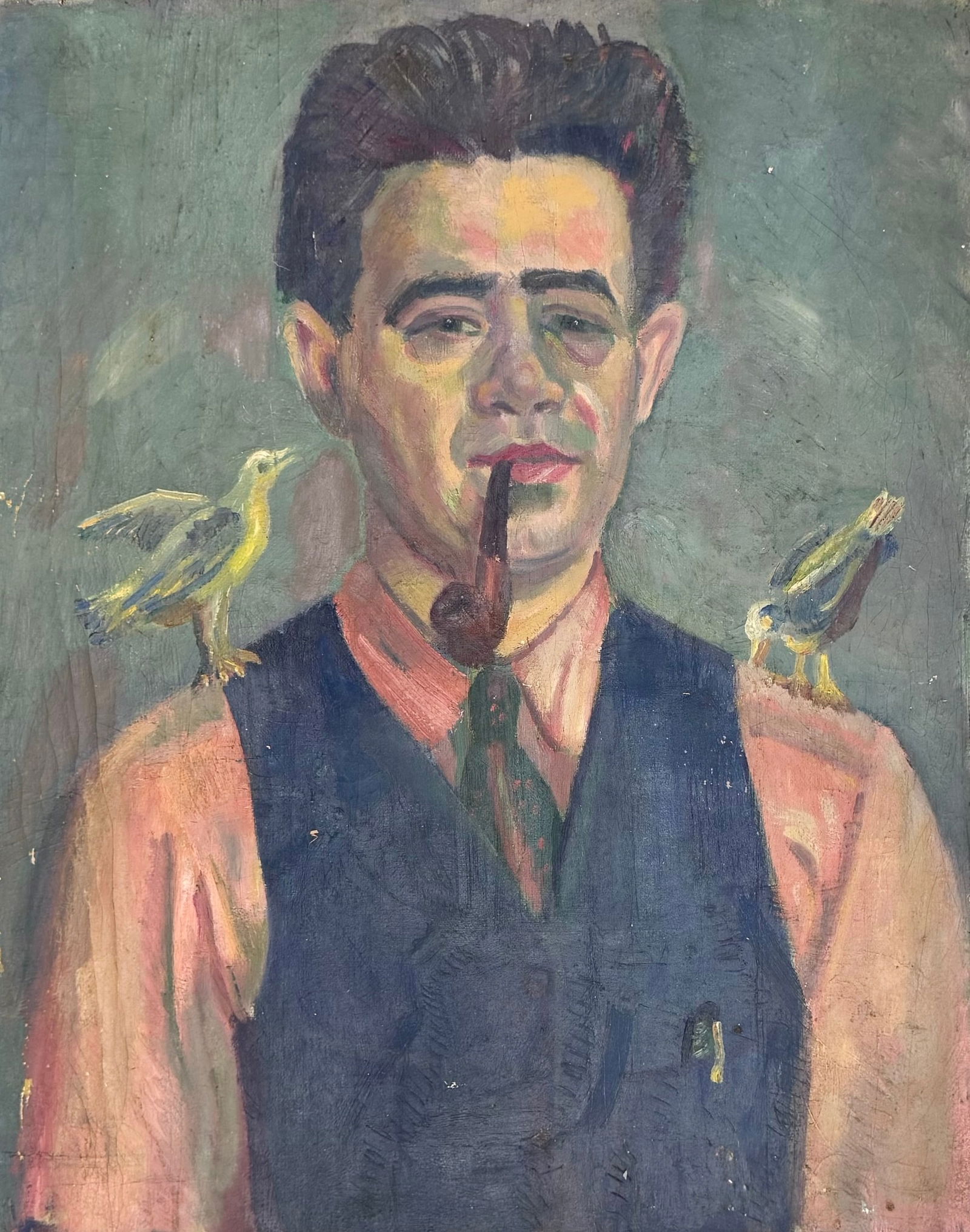 Circa 1940's American School Portrait Of A Man Smoking A Pipe With Birds (1 of 2)