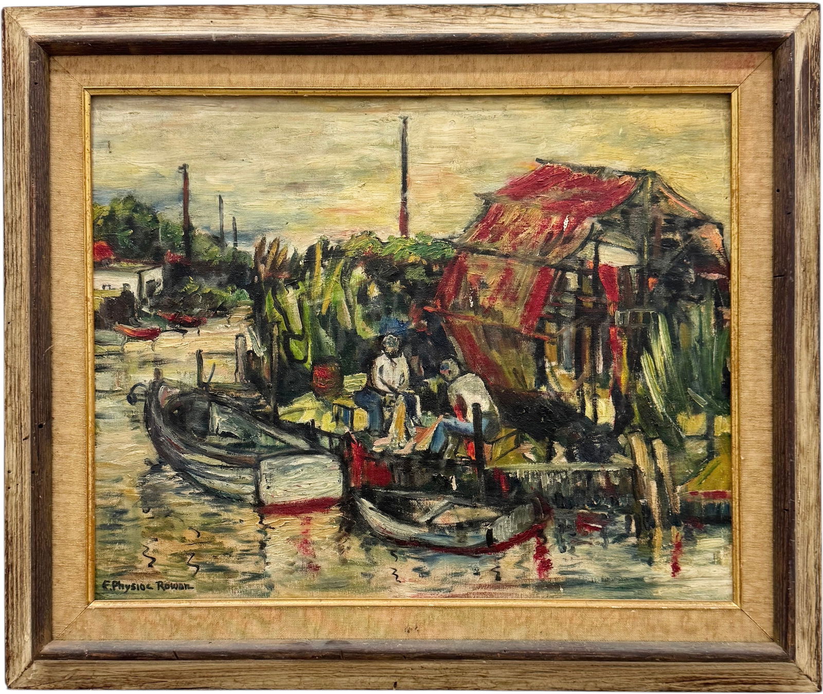 Mid-Century American Modernist Harbor Scene Signed Oil Painting (1 of 3)