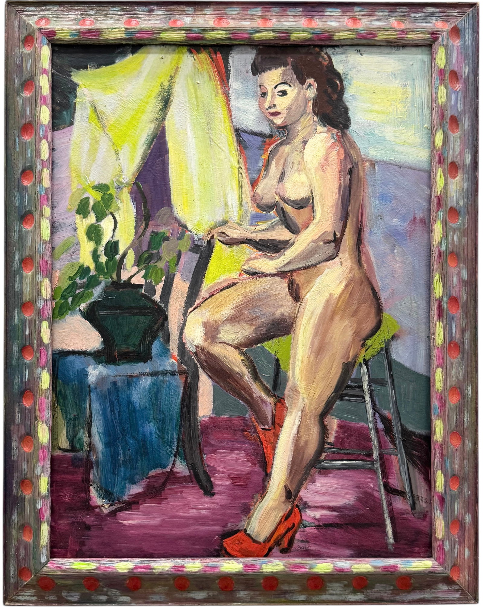 American Modernist Interior Nude Women With Red Heels Hand Painted Fame: Oil painting on board 24 x 18 in, 28 1/4 x 22 1/4 in (framed). Domestic Flat Shipping Price: $80