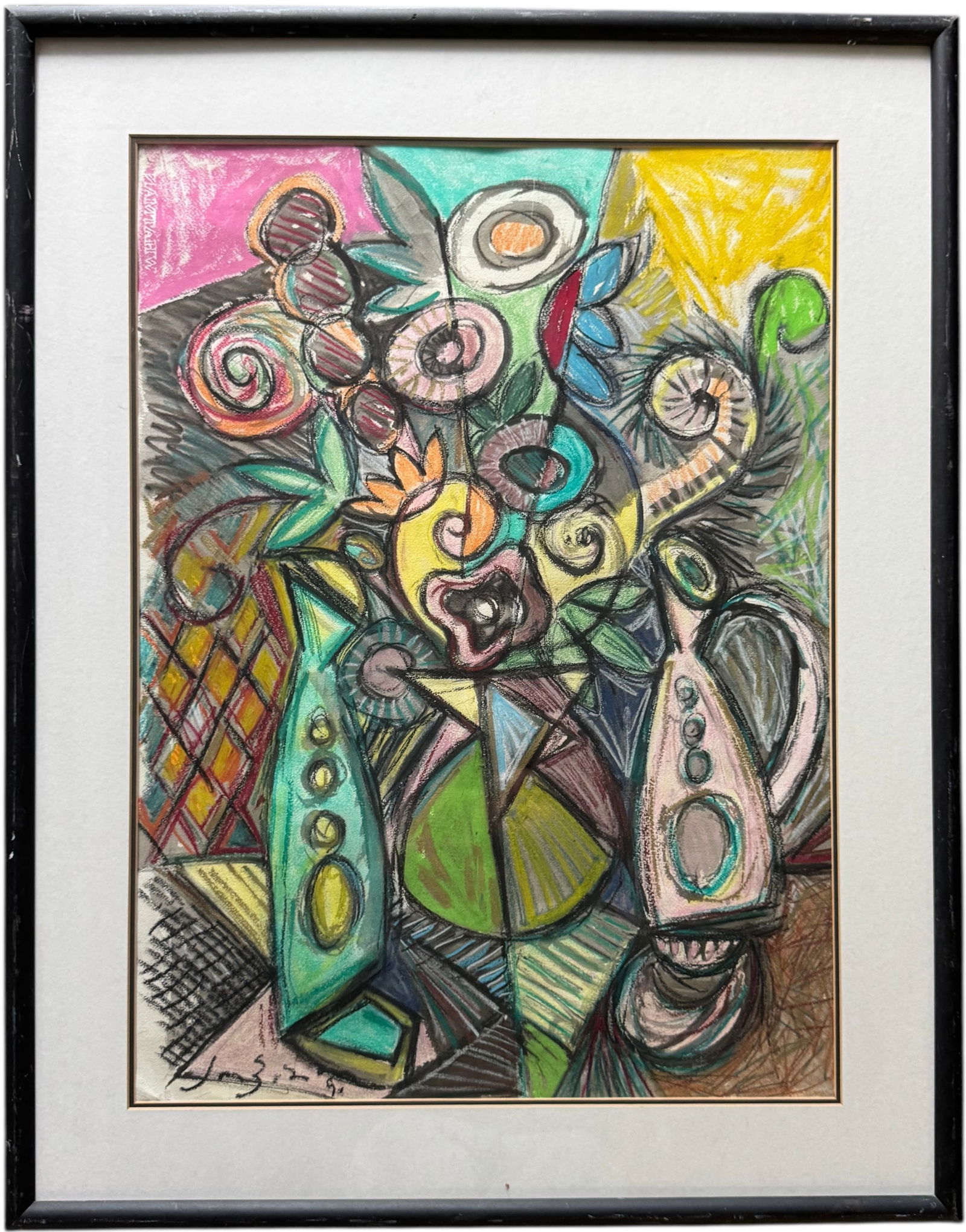 Modernist Still Life Of Flowers Signed Colorful Pastel Painting (1 of 3)