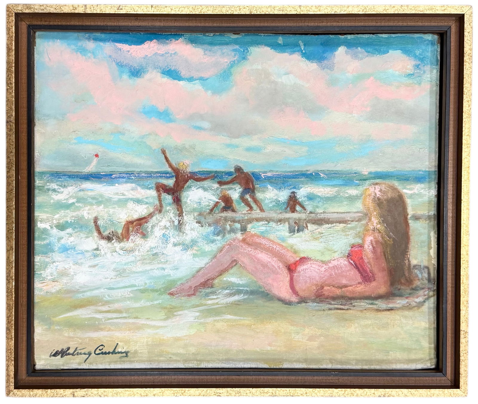 Mid-Century American School Modernist Beach Scene Signed Oil Painting (1 of 3)