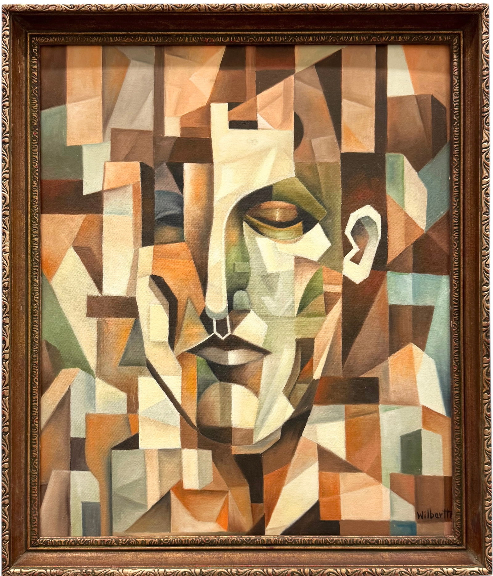 WILBER HERERRA ORTIZ (20th c, Mexico) Merida Artist, Cubist: Oil on board 20 x 16 in, 22 1/4 x 19 1/4 in (framed). Domestic Flat Shipping Price: $55
