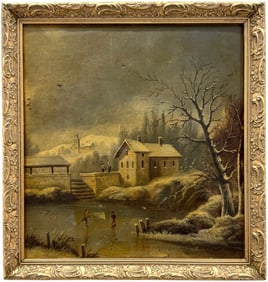 19th Century European School Romantic Winter Landscape With Ice Skaters
