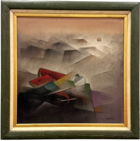 Mid-Century Futurist Cubist Still Life In Landscape Signed Possibly Italian