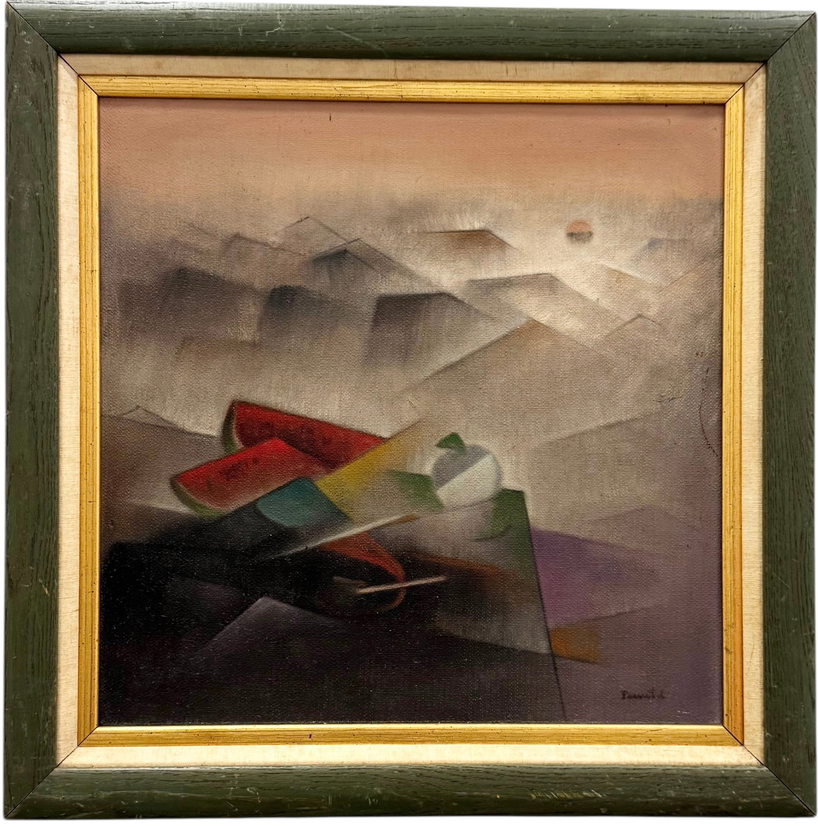 Mid-Century Futurist Cubist Still Life In Landscape Signed Possibly Italian: Illegible signature. Oil on canvas 17 x 17 in, 21 x 21 in (framed). Domestic Flat Shipping Price: $70