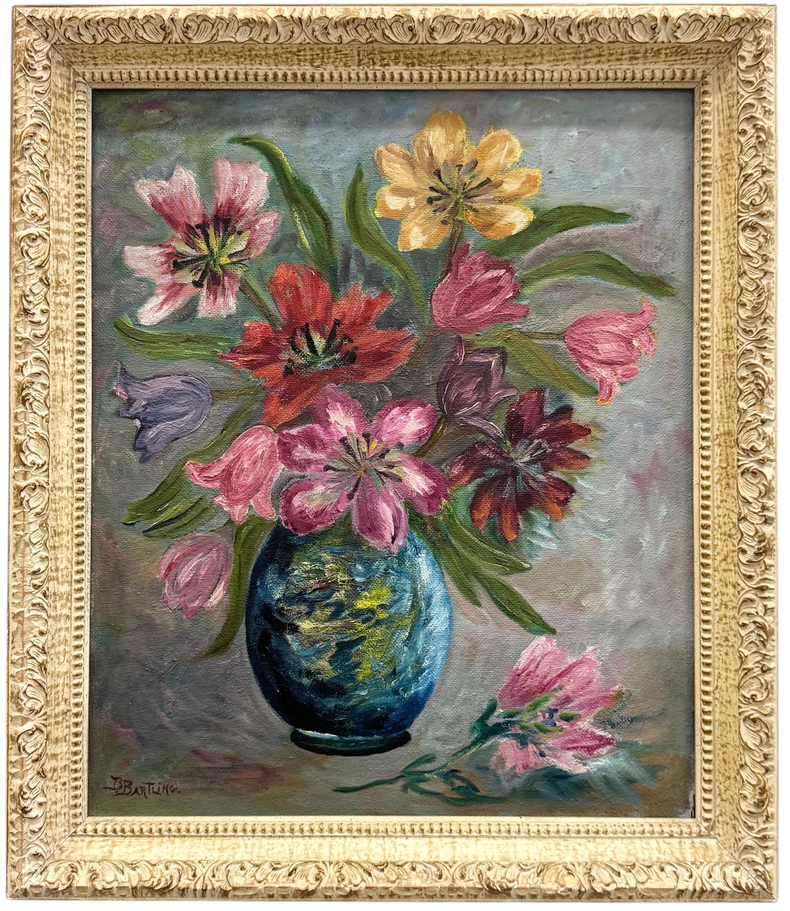 American Mid-Century Still Life Of Flowers Signed Oil Painting On Board: Oil on board 24 x 20 in, 28 x 24 in (framed). Domestic Flat Shipping Price: $80