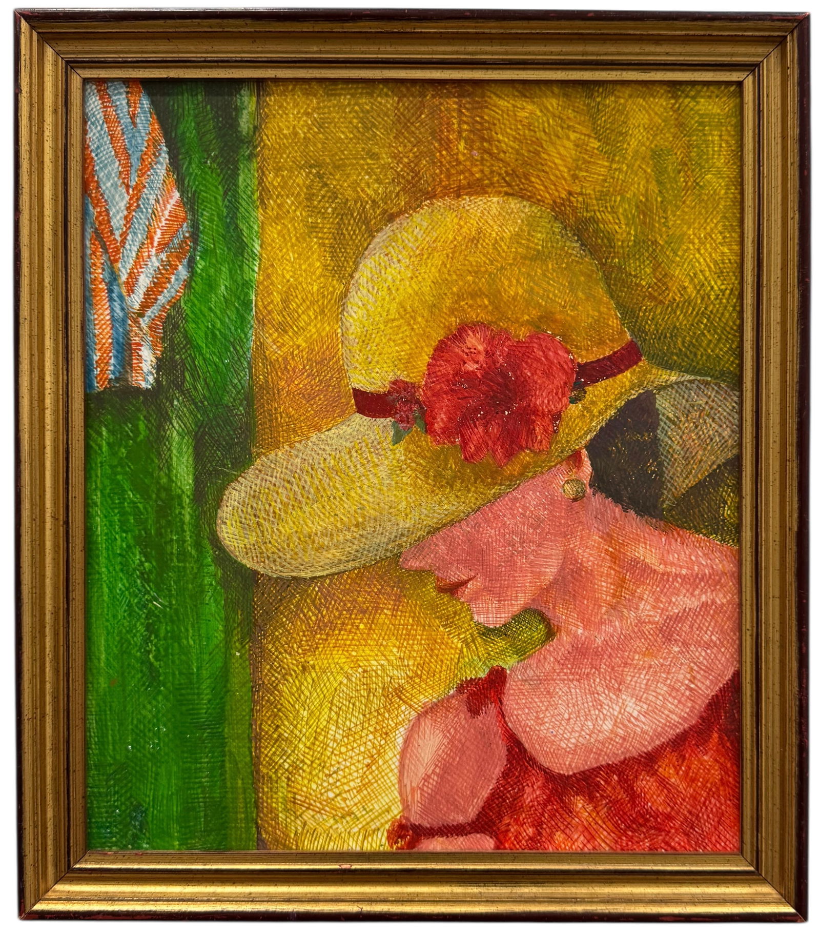 American Modernist Portrait Of A Woman In A Hat "Memorial Day 1984": Oil on board 14 x 12 in, 16 x 14 in (framed). Domestic Flat Shipping Price: $55