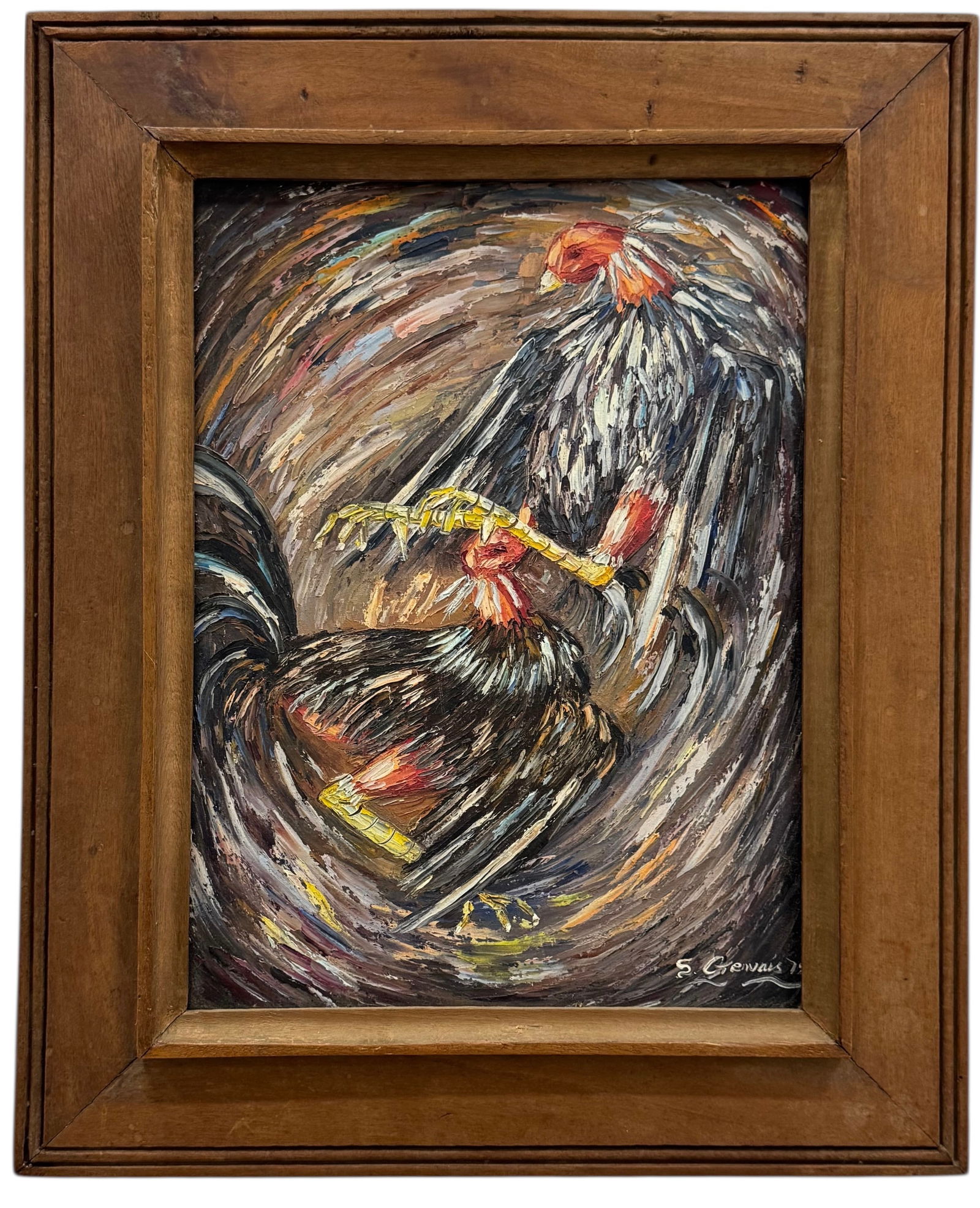 Vintage 1970's Cockfighting Abstract Signed Painting (1 of 3)