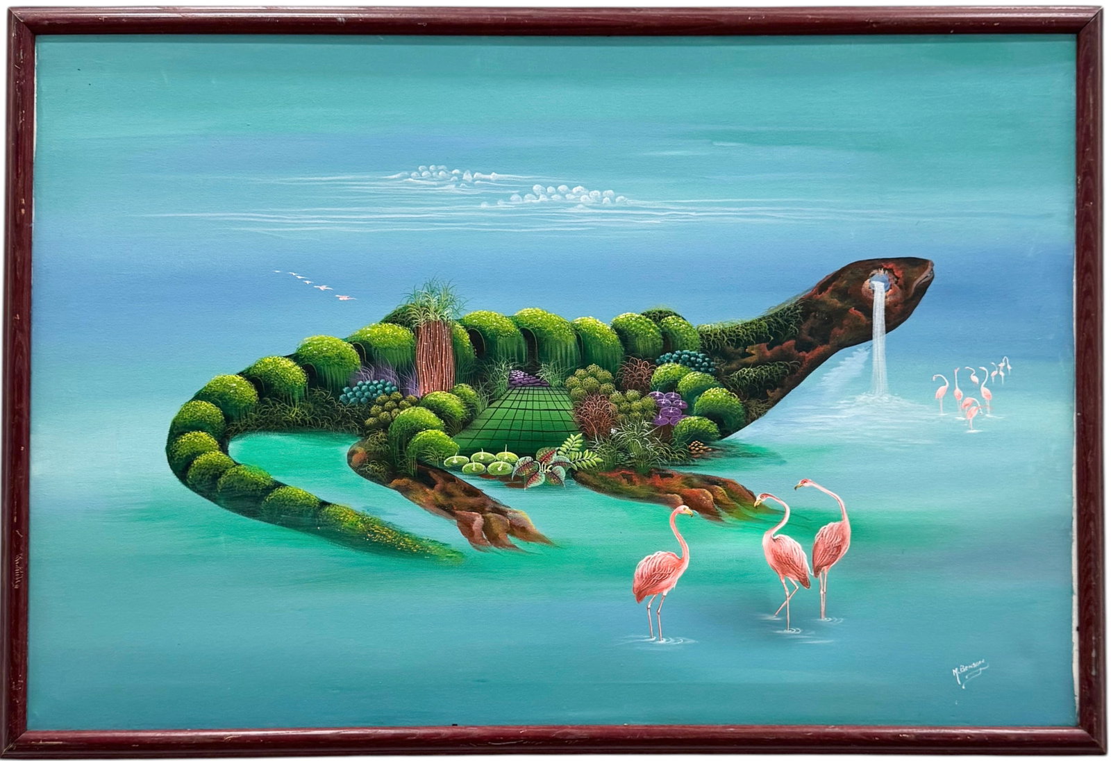 MYRTIL BENSON (20th c, Haitian) Surrealist Island Landscape: Oil painting on canvas 24 x 36 in, 26 x 38 in (framed). Domestic Flat Shipping Price: $90