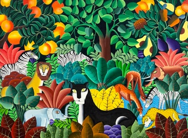 EMMANUEL JOSEPH (20th c, Haitian) Colorful Jungle Scene With Animals