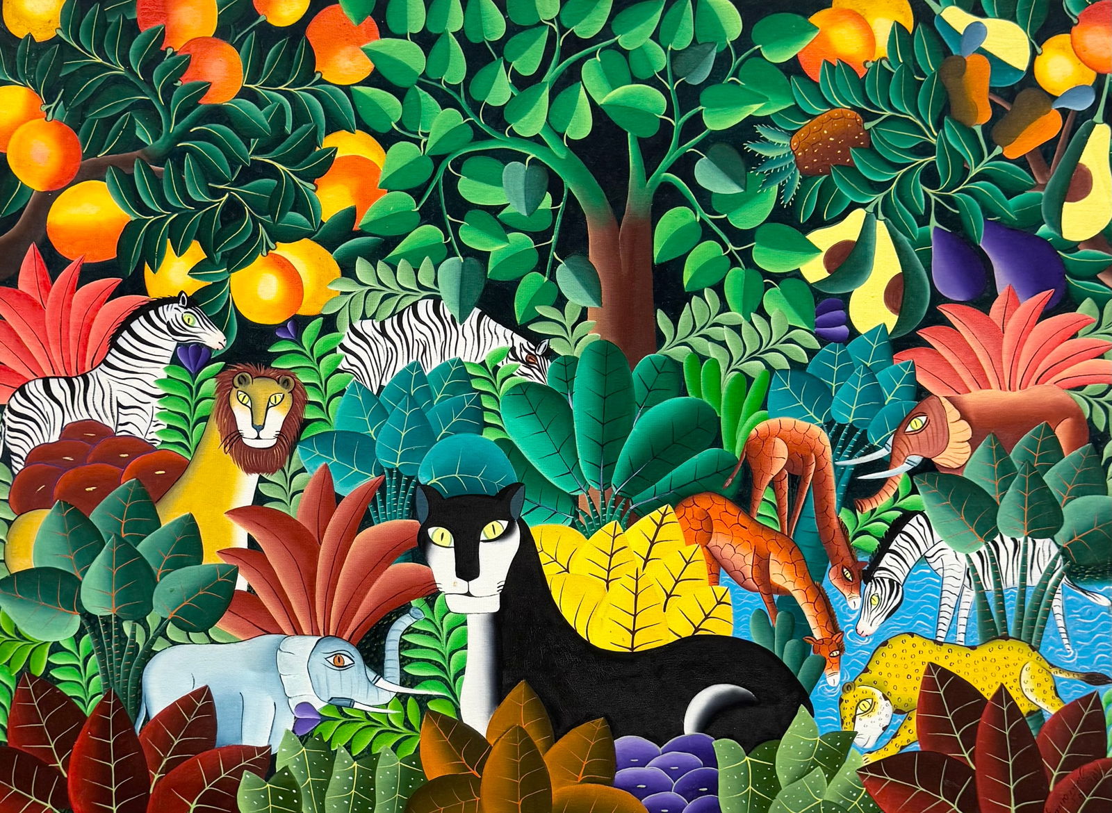 EMMANUEL JOSEPH (20th c, Haitian) Colorful Jungle Scene With Animals (1 of 3)