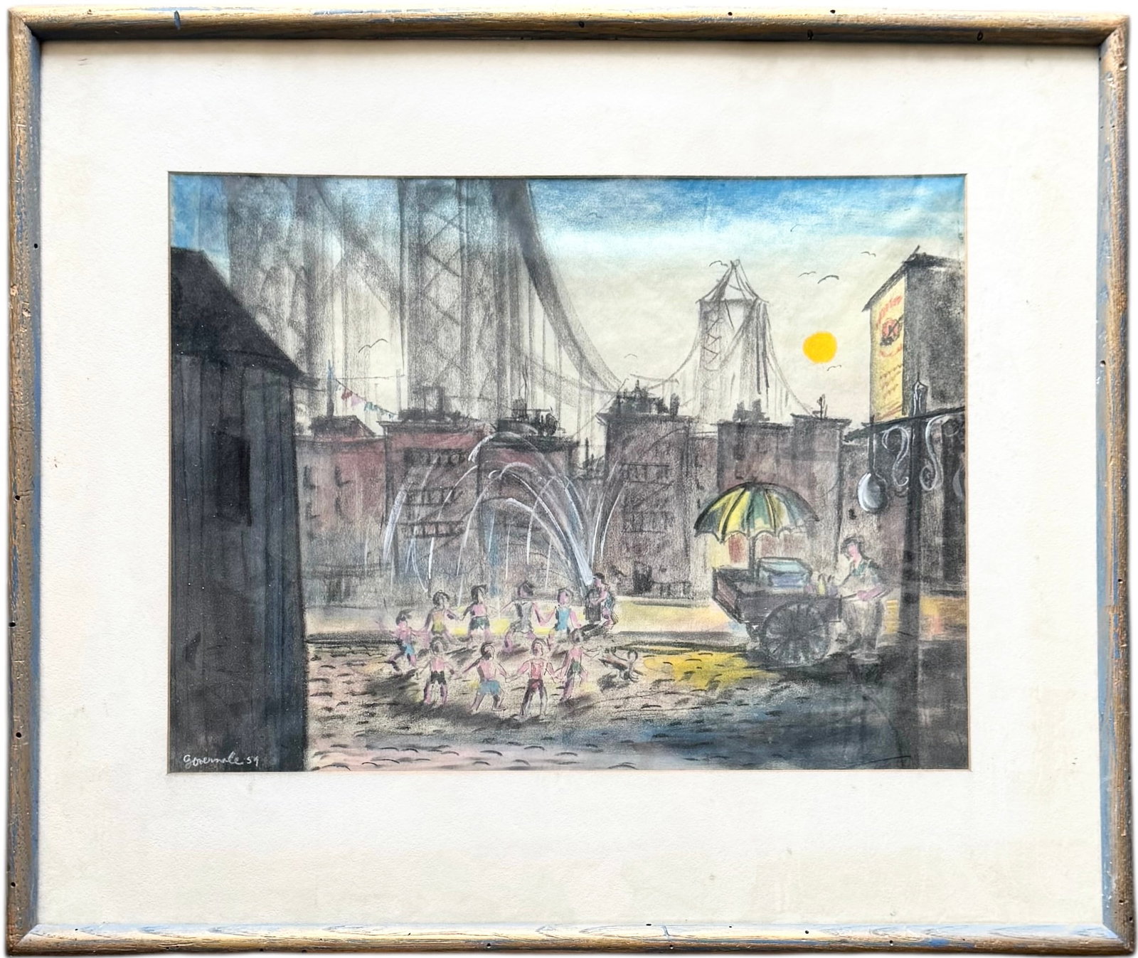 Vintage 1950's Brooklyn New York Street Scene With Bridge Signed Pastel: Watercolor 17 1/2 x 13 1/2 in, 25 x 21 in (framed). Domestic Flat Shipping Price: $65