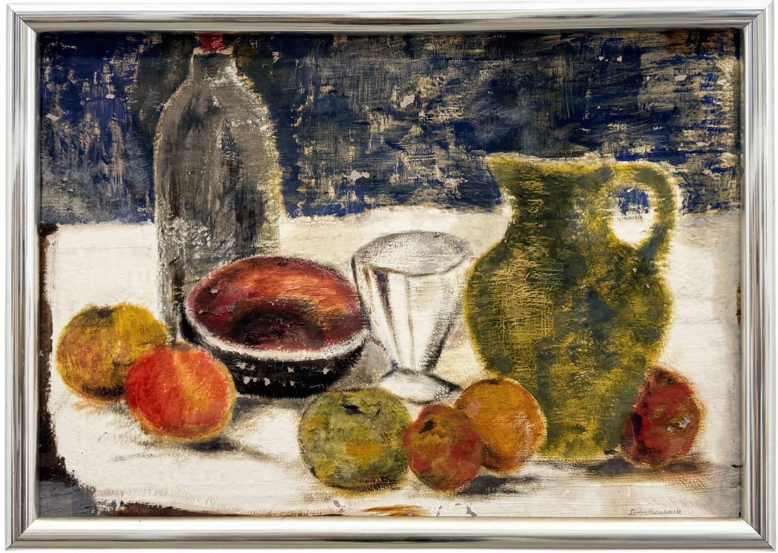 LIOBA MAUBACH Mid-Century Modernist German School Still Life: Oil on board 27 1/2 x 20 in (framed). Domestic Flat Shipping Price: $70