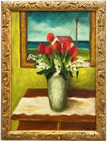 Tulips In A Vase, Modernist Italian School Still Life Signed Oil Painting