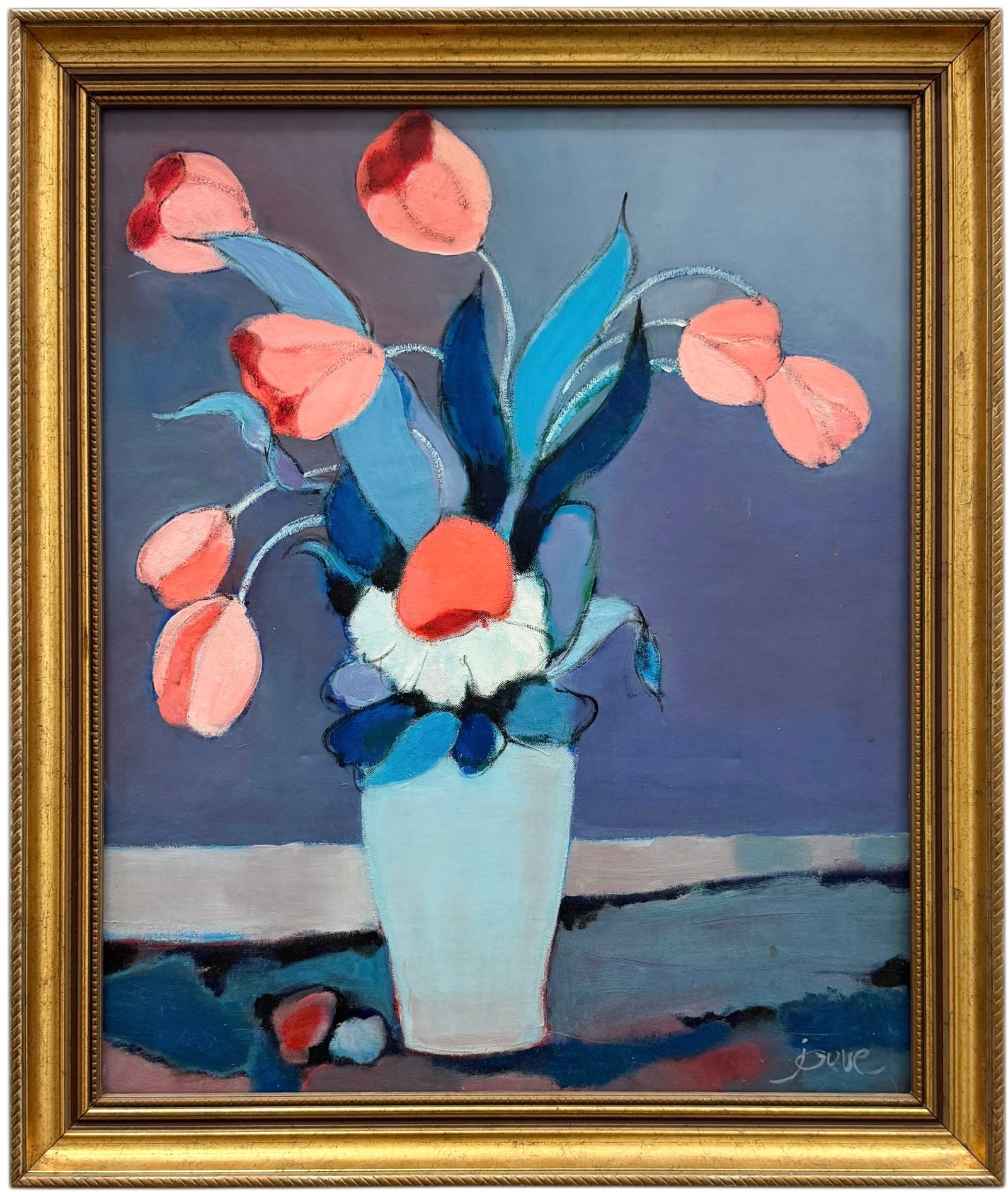 ANDRE JOUVE (20th c, French) Still Life Of Tulips: Acrylic on canvas 27 3/4 x 21 3/4 in, 34 x 28 in (framed). Domestic Flat Shipping Price: $80