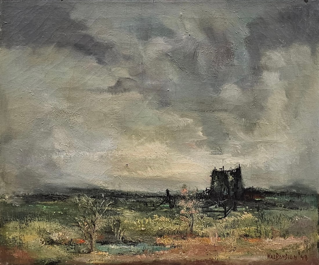 KARNIG NALBANDIAN (1916-1989, American) Rhode Island Artist, Landscape: Oil painting on canvas 24 x 20 in. Domestic Flat Shipping Price: $60. Self-taught Armenian-American painter and etcher was active in Providence, Rhode Island in the mid-20th century.
