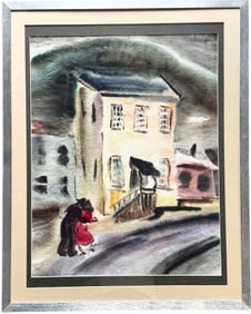 American School Regionalist Townscape Framed Watercolor Painting