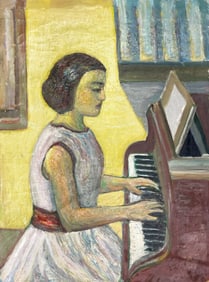 Mid-Century Circa 1940's American School Pianist Portrait Oil Painting, Un-stretched