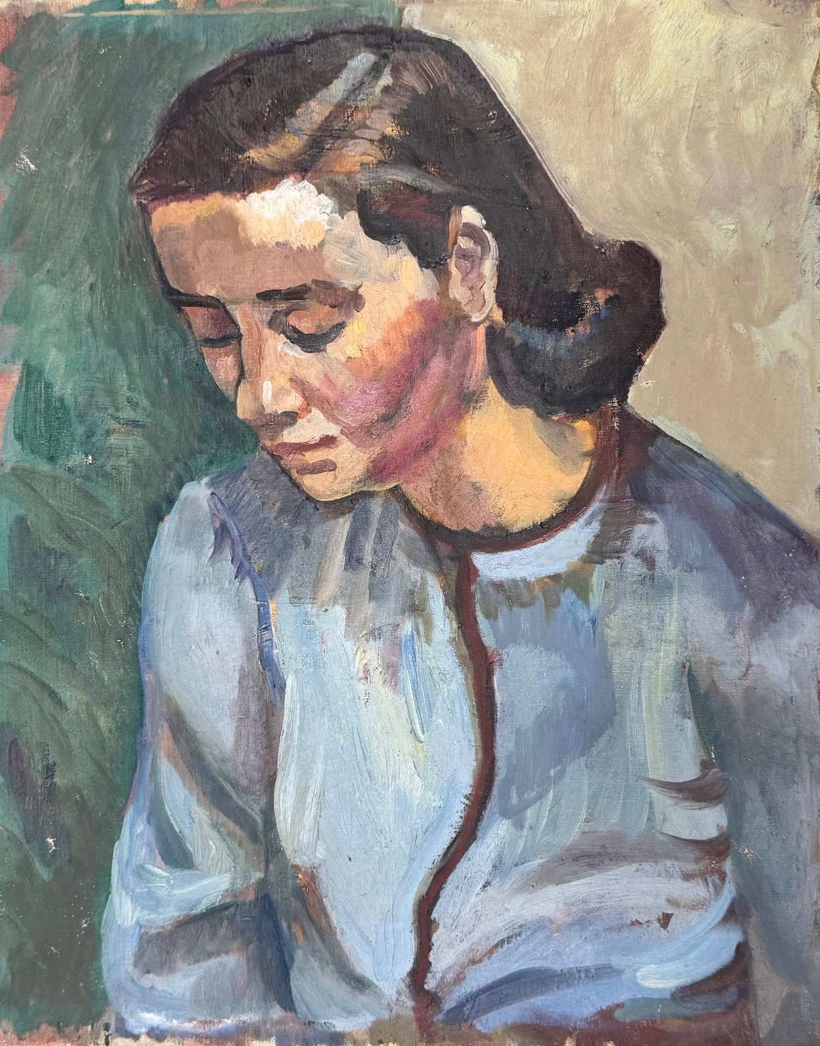 Circa 1930's American Modernist WPA Portrait Of A Woman Un-stretched Oil Painting: Un-stretched oil painting on canvas 20 x 16 in. Shipped flat: $45
