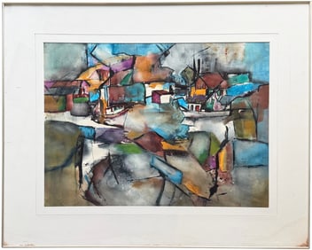 Vintage Townscape Mixed Media Abstract Painting Signed Harn