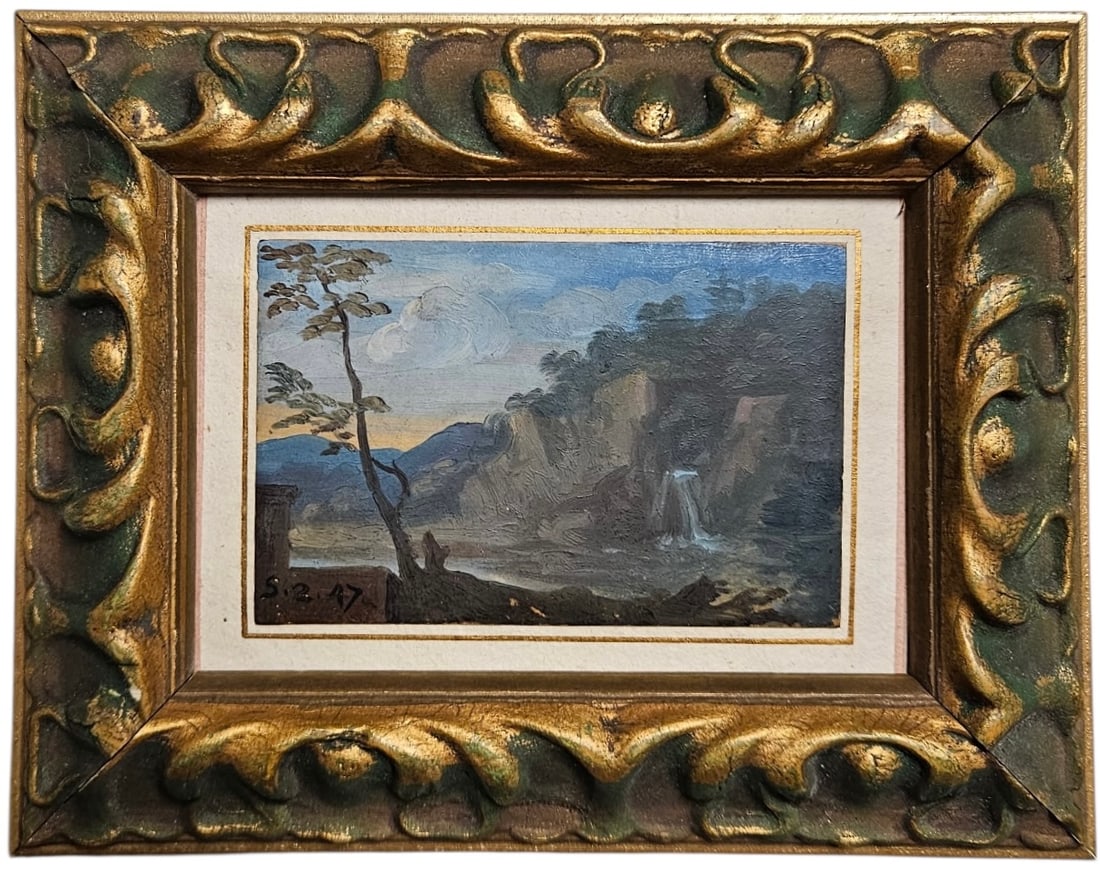 Early European Landscape Possible Harvard Fogg Museum Loan Monogrammed: Possibly important. The painting was sealed when brought and when opening it we found what appears to be Fogg Museum loan#. Assumed European. Oil on thin board 3 3/4 x 2 1/2 in, 7 x 5 1/2 in (framed).