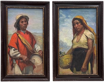 Pair Of Spanish School Impressionist Portraits Signed Oil Paintings