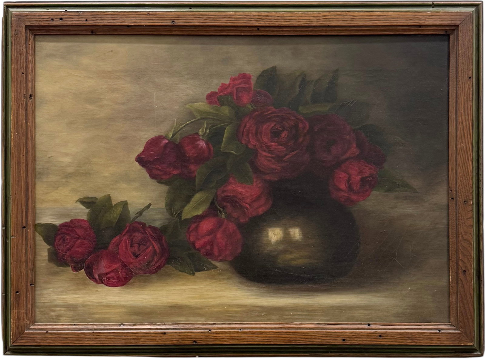 19th Century American School Still Life Of Roses Oil Painting: Oil painting on canvas 20 x 14 in, 23 x 17 in (framed). Domestic Flat Shipping Price: $60