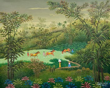 HENRI JEAN LOUIS (20th c, Haitian) Horses In Landscape