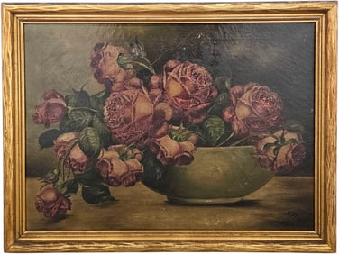 19th Century American School Still Life Of Roses Signed Oil Painting