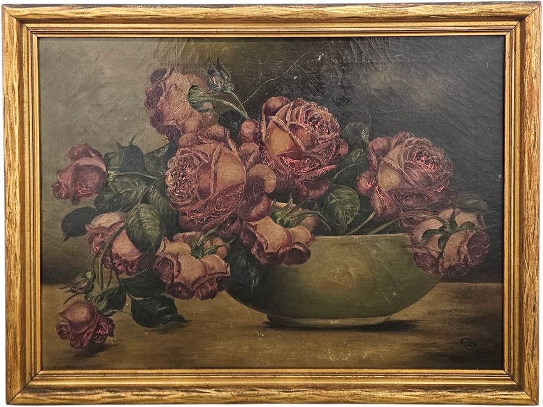 19th Century American School Still Life Of Roses Signed Oil Painting: Oil painting on canvas 16 x 22 in, 18 1/2 x 24 1/2 in (framed). Domestic Flat Shipping Price: $65