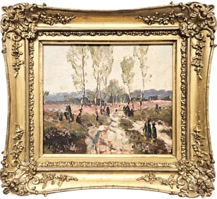 20th Century Impressionist Landscape With Figures Signed Oil Painting